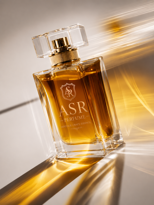 Asr perfume bottle with a gold cap on a reflective surface