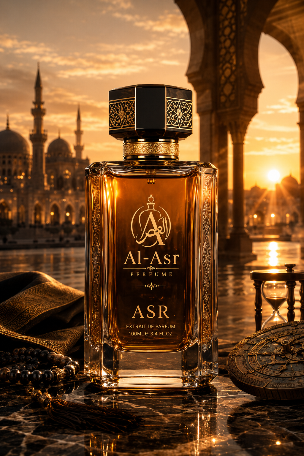 ASR Signature luxury extrait de parfum with golden Islamic architecture aesthetic