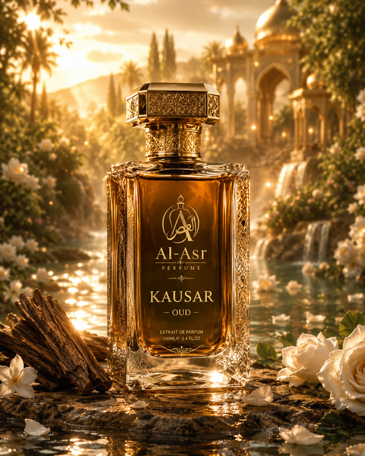 Kausar Oud luxury perfume bottle with golden palace aesthetic